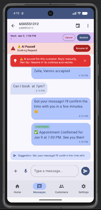 Booking confirmed message in chat